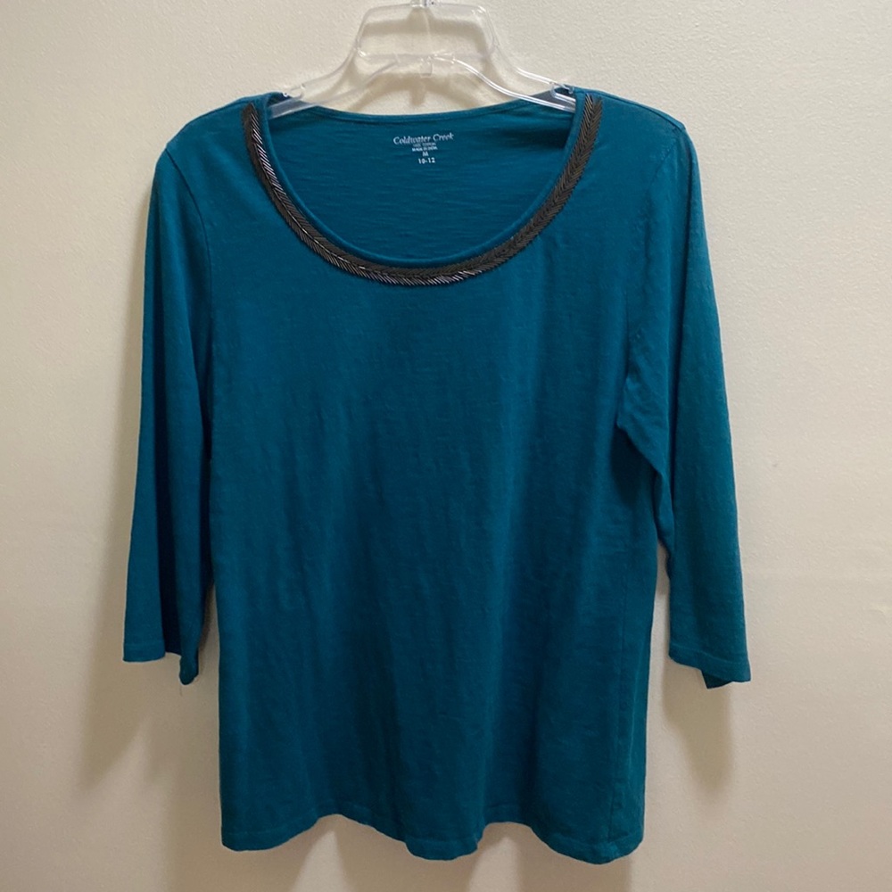 Coldwater Creek teal blouse with beaded neckline in Chevron design